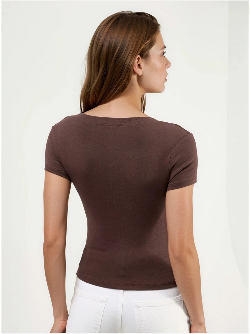 T-shirt elastica a maniche corte con scollo a v busem Marrone chiaro - Kiabi