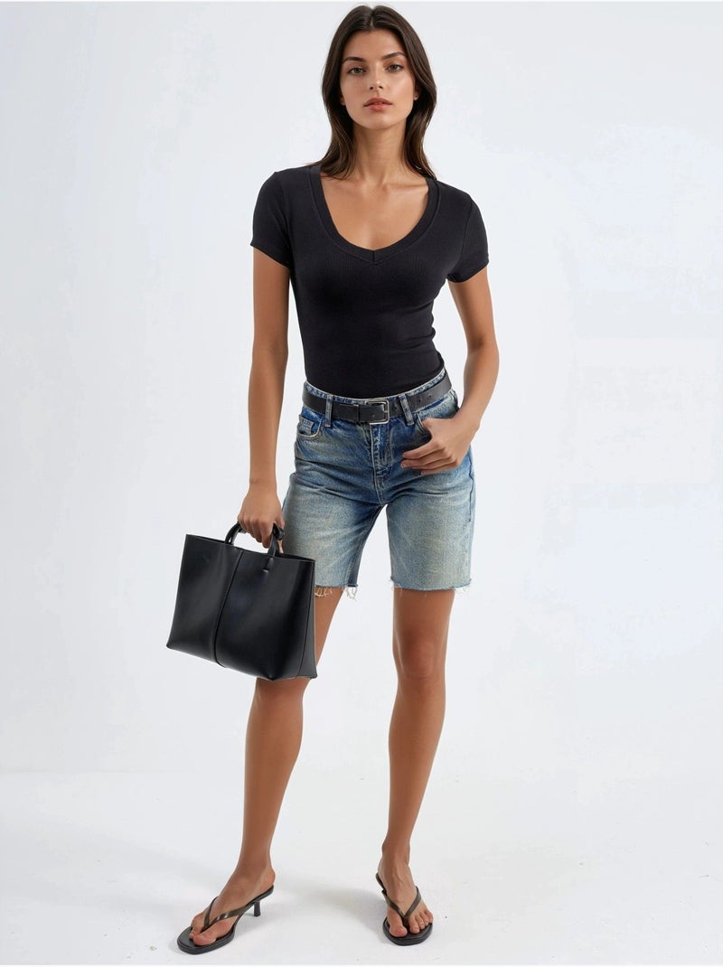 T-shirt elastica a maniche corte con scollo a v busem Nero - Kiabi
