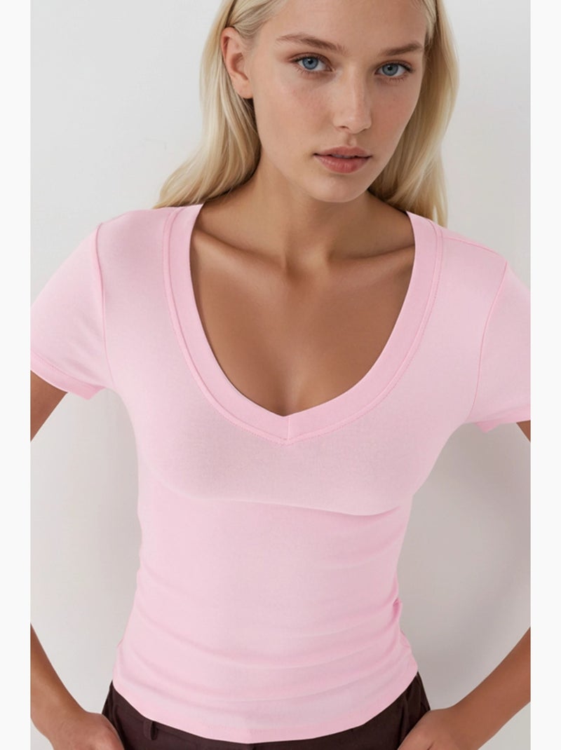 T-shirt elastica a maniche corte con scollo a v busem Rosa pallido - Kiabi