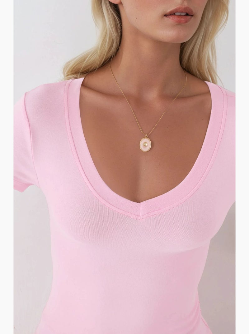 T-shirt elastica a maniche corte con scollo a v busem Rosa pallido - Kiabi