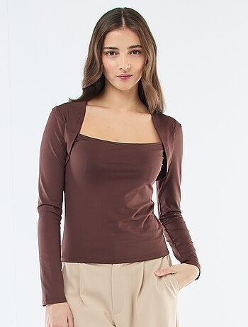 T-shirt elasticizzato a tinta unita con maniche lunghe e scollo quadrato