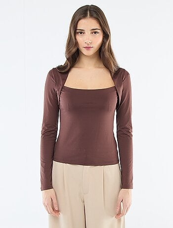 T-shirt elasticizzato a tinta unita con maniche lunghe e scollo quadrato