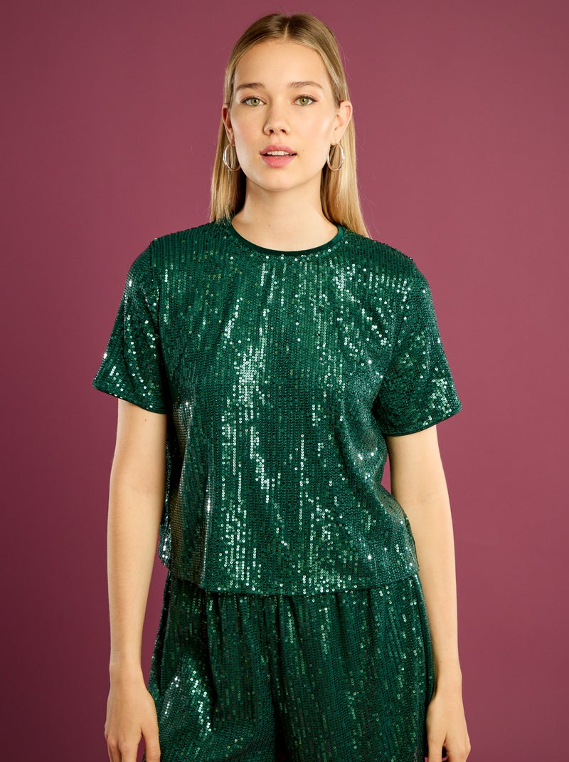 T-shirt festivo con paillettes Verde - Kiabi