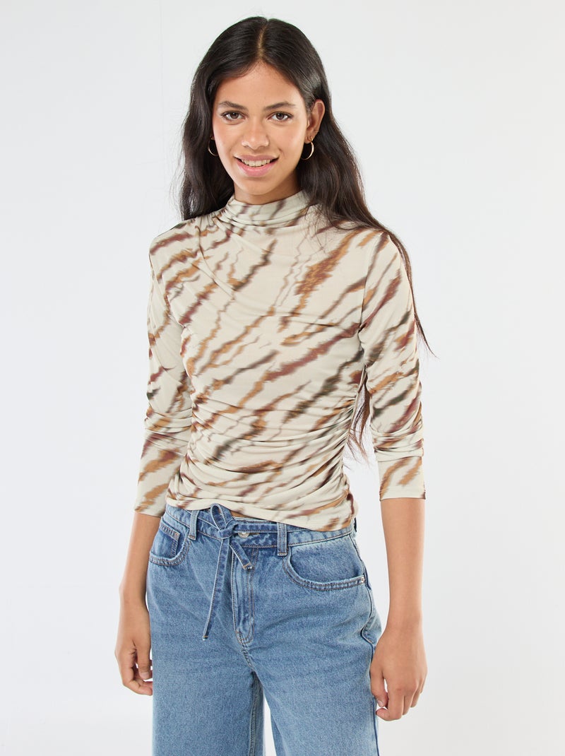 T-shirt fluido con collo alto a fantasia Beige - Kiabi