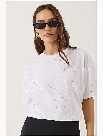 T-shirt girocollo a maniche corte con dettagli in paillettes lucci