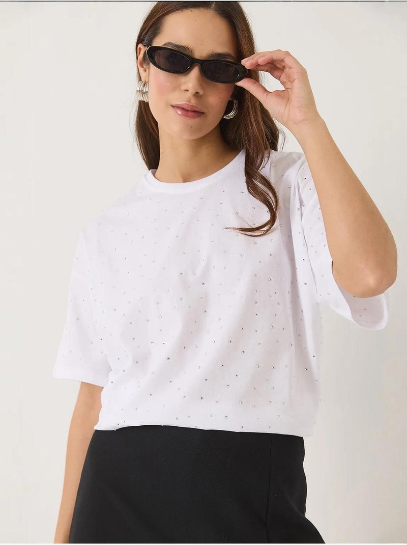 T-shirt girocollo a maniche corte con dettagli in paillettes lucci Bianco - Kiabi