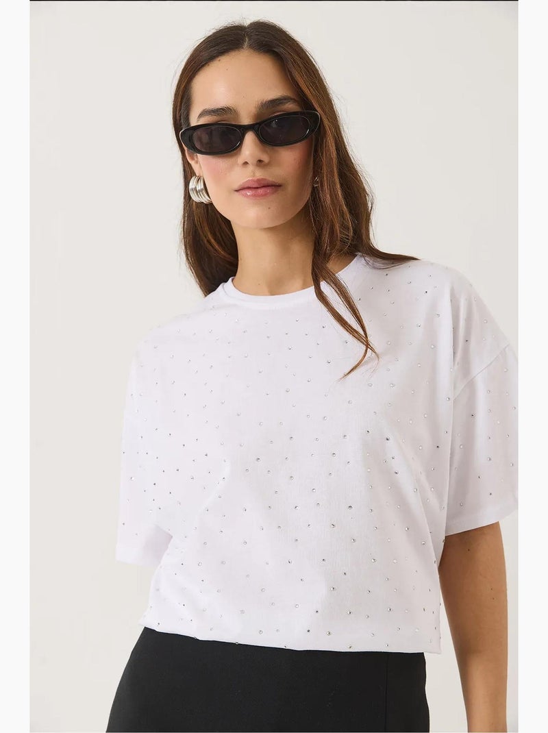 T-shirt girocollo a maniche corte con dettagli in paillettes lucci Bianco - Kiabi