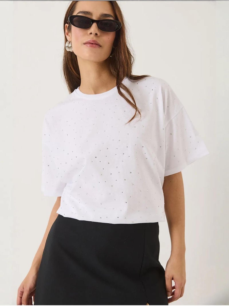 T-shirt girocollo a maniche corte con dettagli in paillettes lucci Bianco - Kiabi