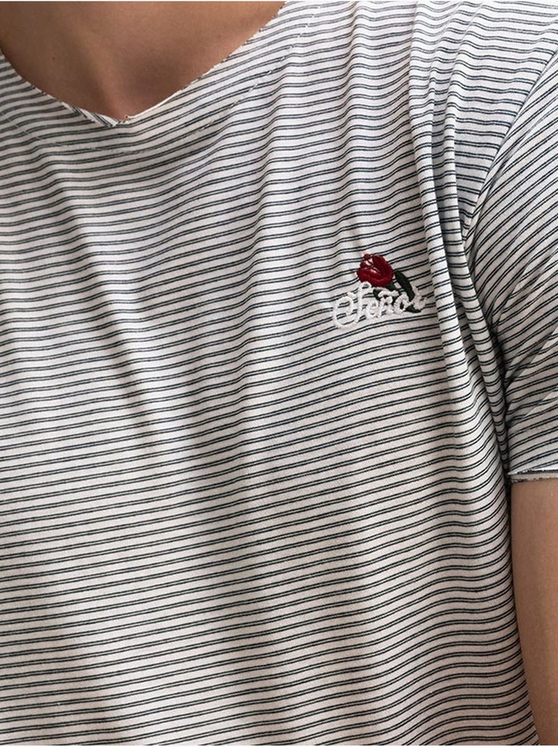 T-shirt girocollo a righe ricamato giesto Cachi - Kiabi