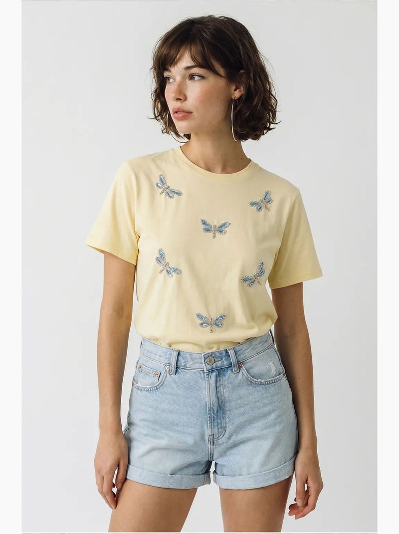 T-shirt girocollo a vestibilità comoda con ricamo lucci Giallo limone - Kiabi