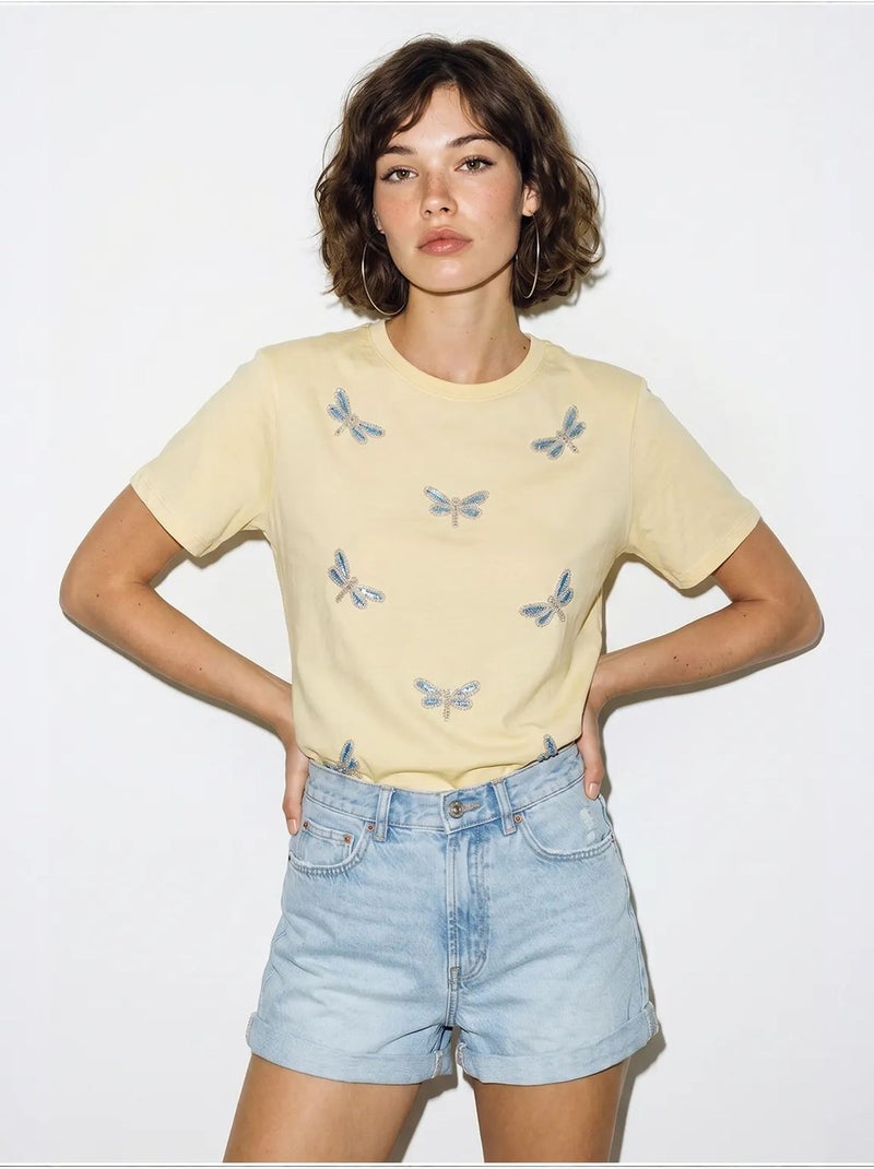 T-shirt girocollo a vestibilità comoda con ricamo lucci Giallo limone - Kiabi