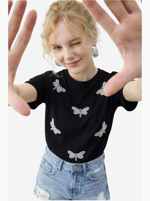 T-shirt girocollo a vestibilità comoda con ricamo lucci - Kiabi