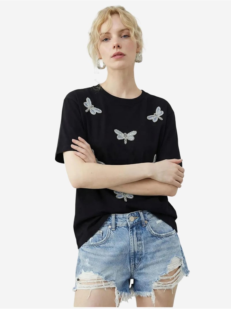 T-shirt girocollo a vestibilità comoda con ricamo lucci Nero - Kiabi