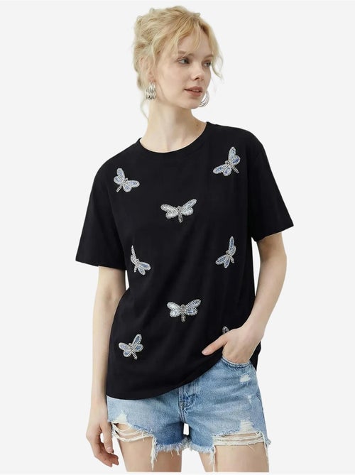 T-shirt girocollo a vestibilità comoda con ricamo lucci - Kiabi