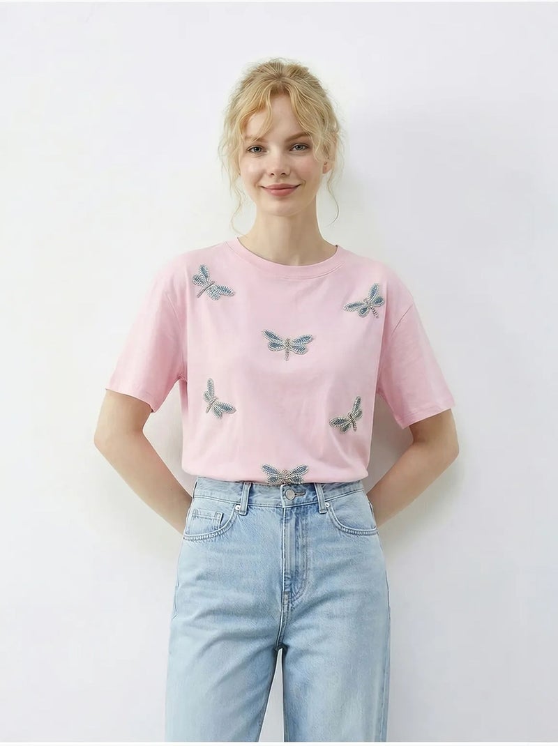 T-shirt girocollo a vestibilità comoda con ricamo lucci Rosa chiaro - Kiabi