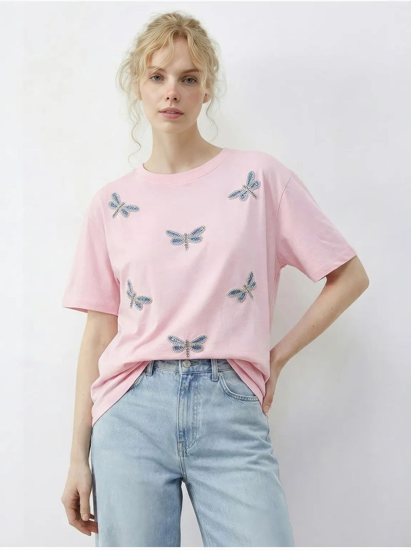 T-shirt girocollo a vestibilità comoda con ricamo lucci Rosa chiaro - Kiabi