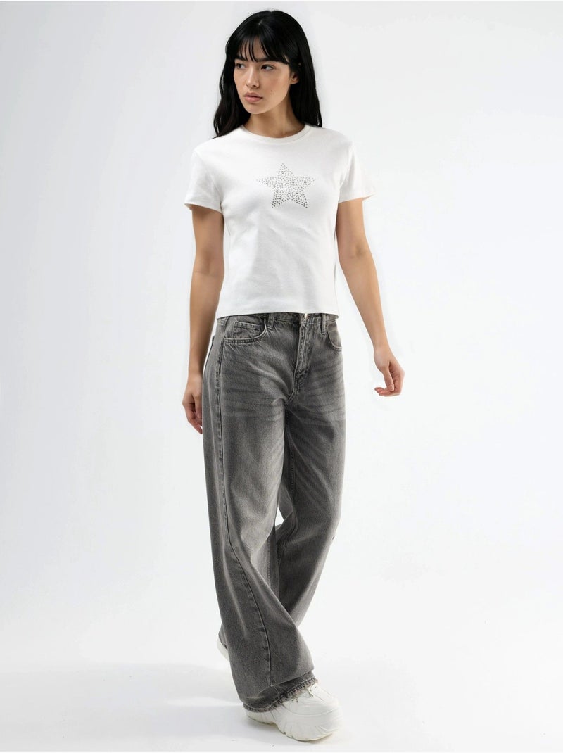 T-shirt girocollo con dettaglio in pietra busem Bianco - Kiabi