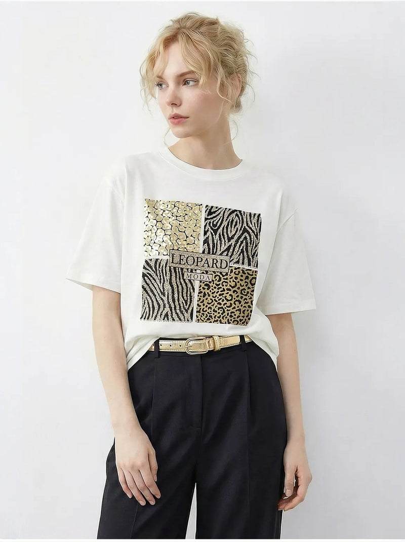 T-shirt girocollo con paillettes e stampa leopardata lucci Bianco - Kiabi