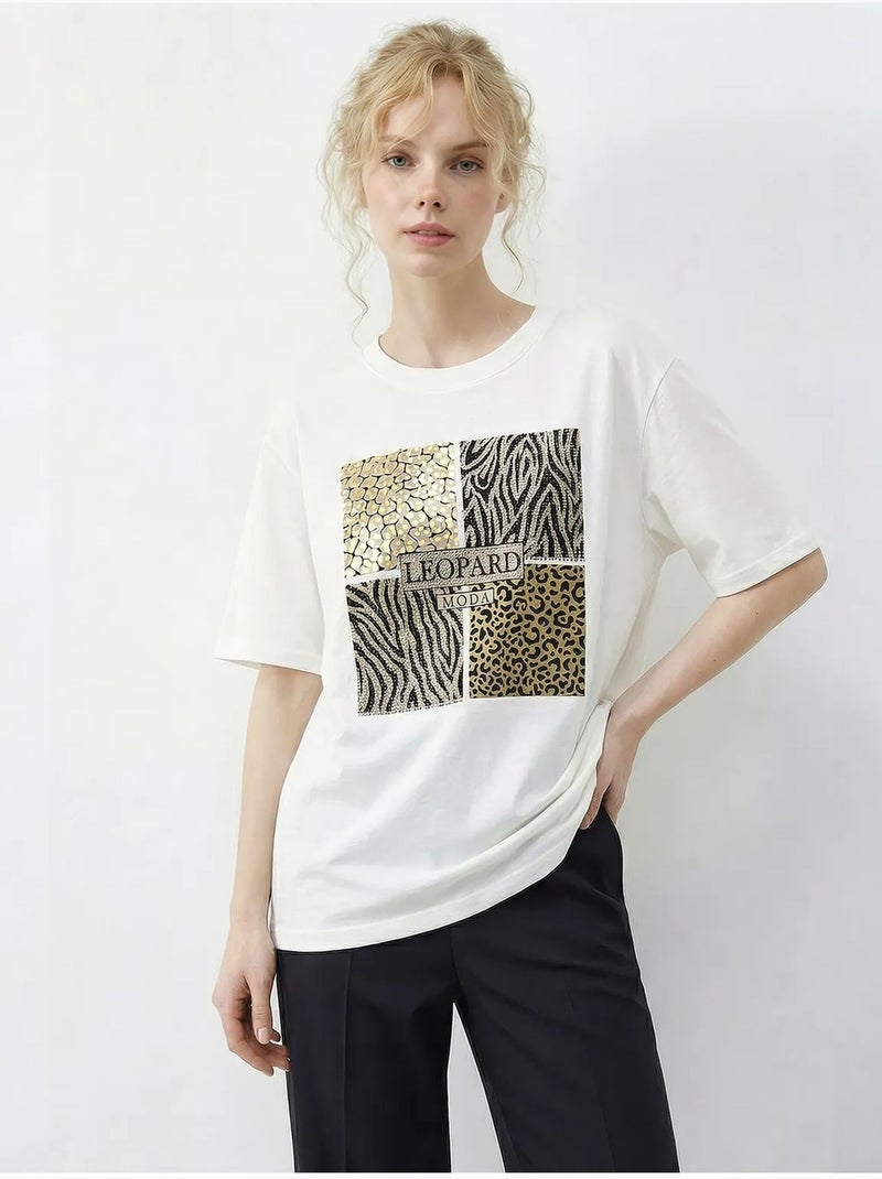 T-shirt girocollo con paillettes e stampa leopardata lucci Bianco - Kiabi