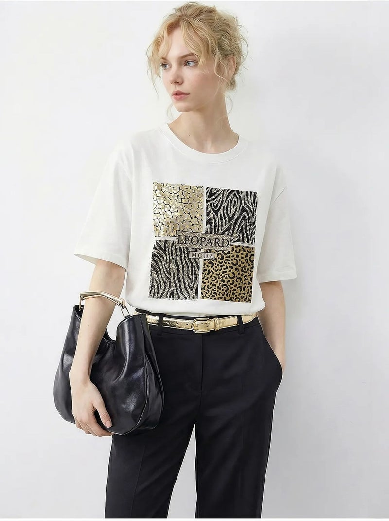 T-shirt girocollo con paillettes e stampa leopardata lucci Bianco - Kiabi