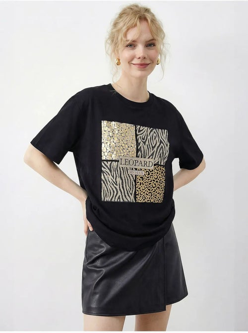 T-shirt girocollo con paillettes e stampa leopardata lucci - Kiabi