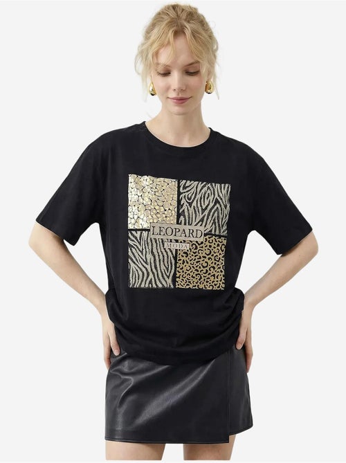T-shirt girocollo con paillettes e stampa leopardata lucci - Kiabi