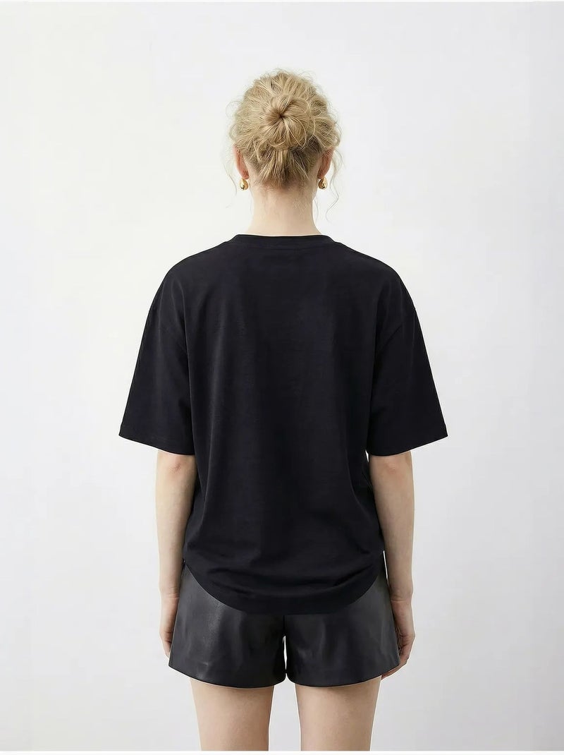 T-shirt girocollo con paillettes e stampa leopardata lucci Nero - Kiabi