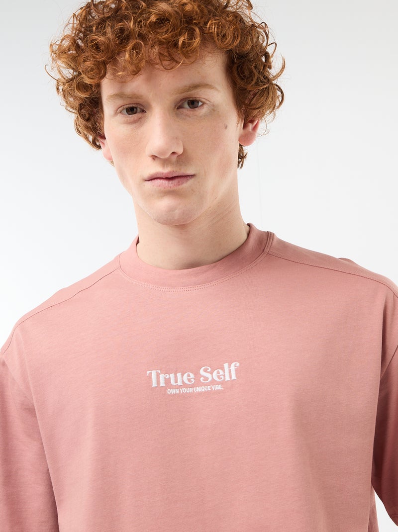 T-shirt girocollo con ricamo a contrasto Rosa - Kiabi