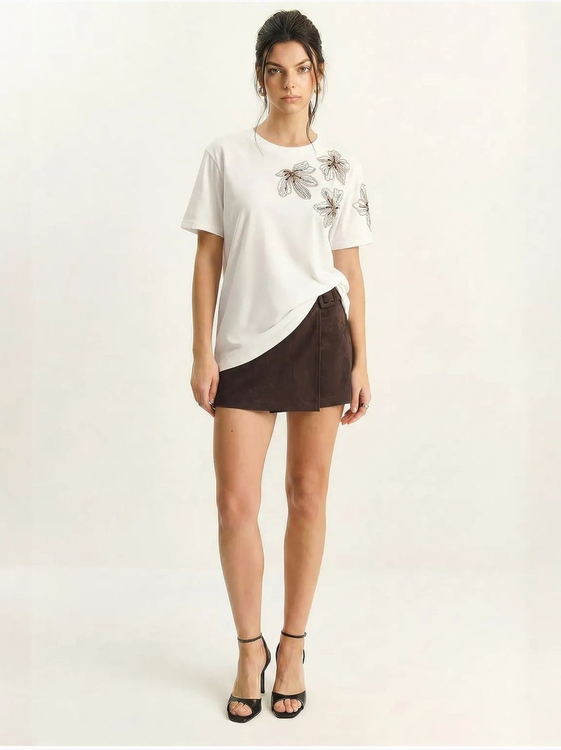 T-shirt girocollo con ricamo floreale lucci Bianco - Kiabi