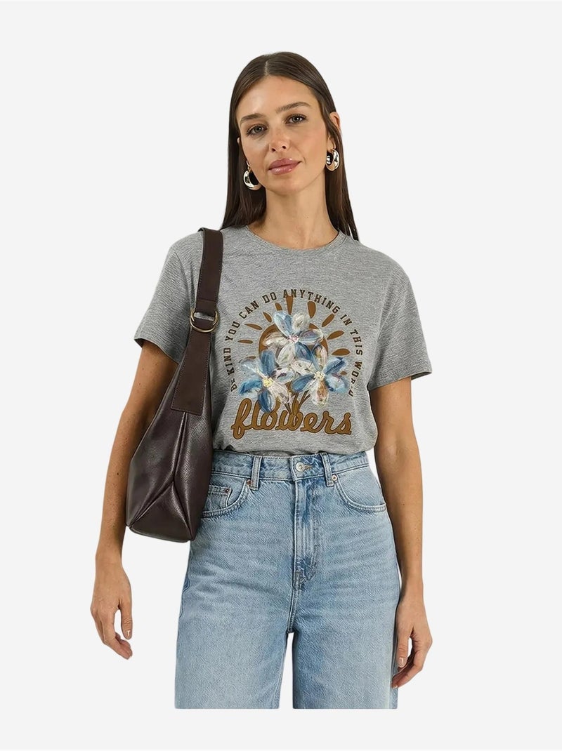 T-shirt girocollo con ricamo floreale lucci Grigio - Kiabi