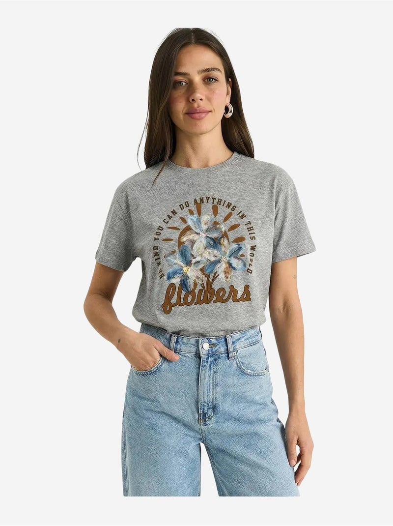 T-shirt girocollo con ricamo floreale lucci Grigio - Kiabi