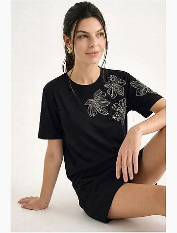 T-shirt girocollo con ricamo floreale lucci