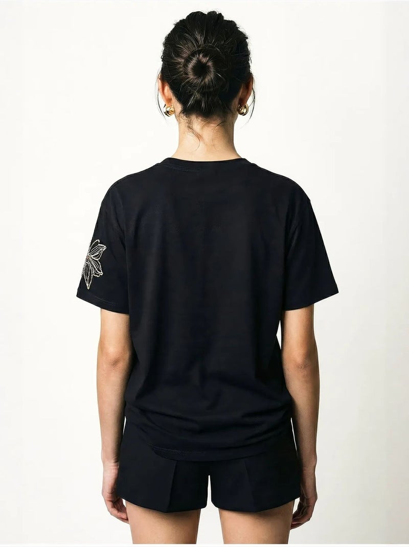 T-shirt girocollo con ricamo floreale lucci Nero - Kiabi