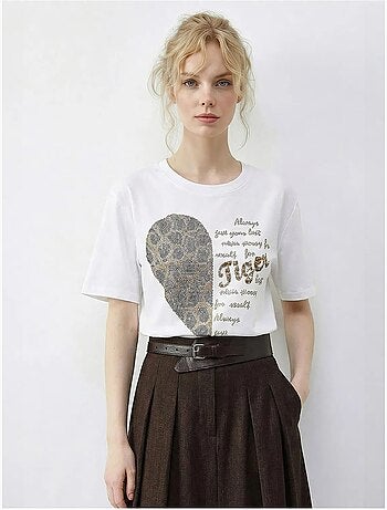 T-shirt girocollo con stampa di paillettes e testo lucci
