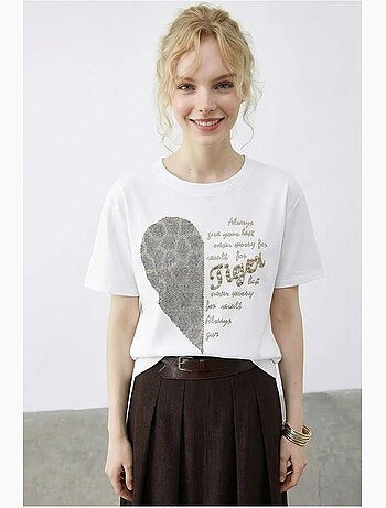 T-shirt girocollo con stampa di paillettes e testo lucci