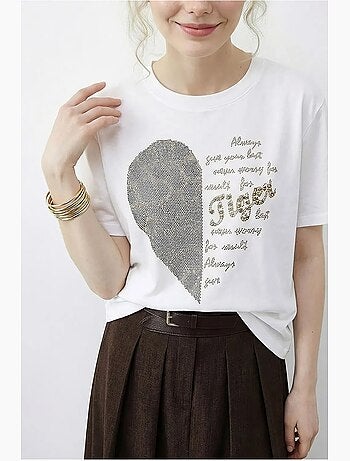 T-shirt girocollo con stampa di paillettes e testo lucci