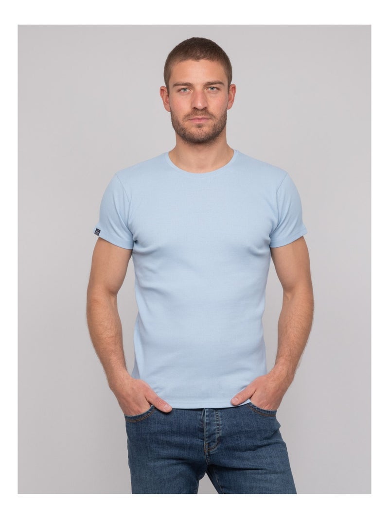 T-shirt girocollo cotone a costine WALTER Blu cielo - Kiabi