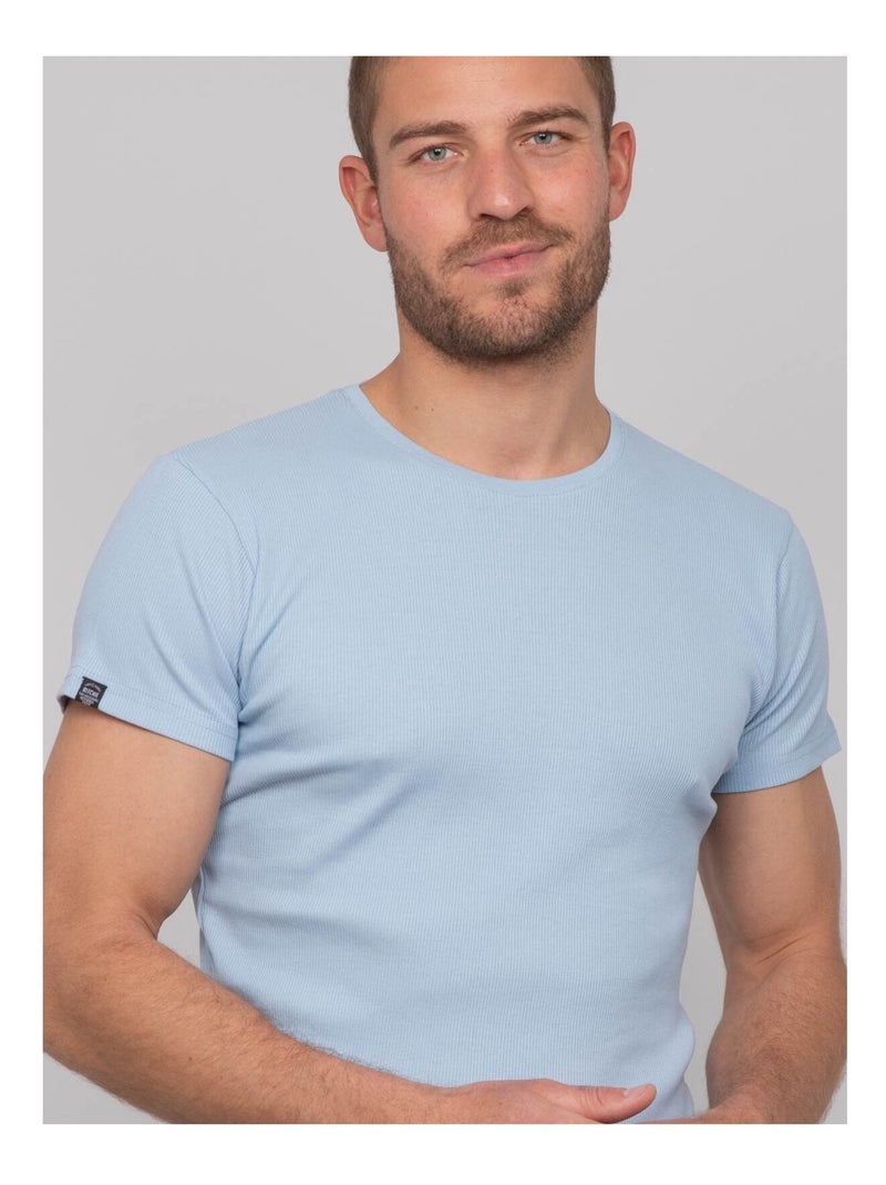 T-shirt girocollo cotone a costine WALTER Blu cielo - Kiabi