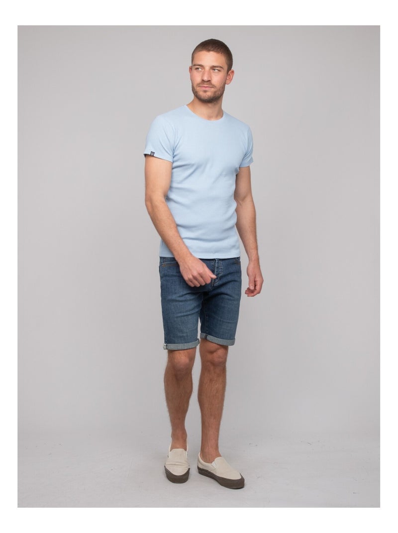 T-shirt girocollo cotone a costine WALTER Blu cielo - Kiabi