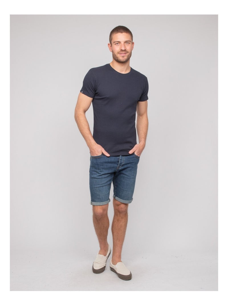 T-shirt girocollo cotone a costine WALTER Blu marino - Kiabi