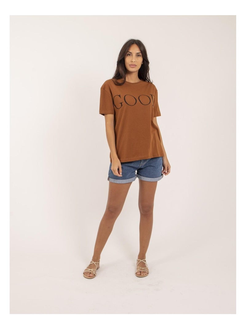T-shirt girocollo cotone con scritta FROM Marrone - Kiabi