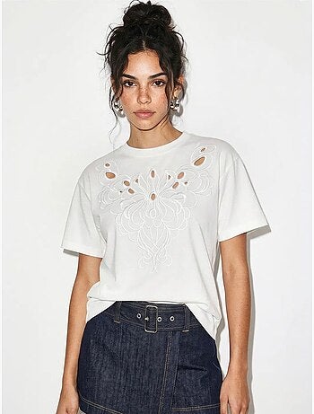 T-shirt girocollo in cotone con ricamo lucci
