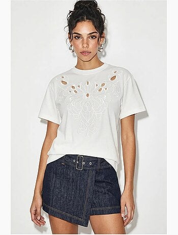 T-shirt girocollo in cotone con ricamo lucci