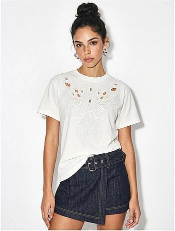 T-shirt girocollo in cotone con ricamo lucci