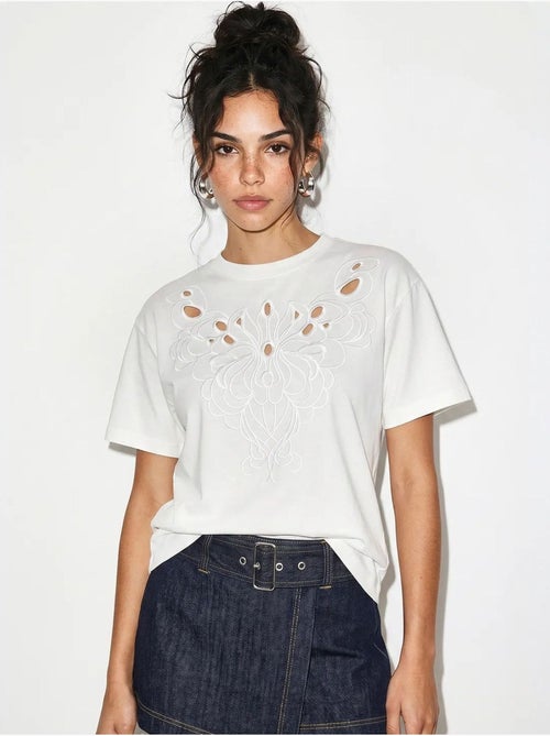T-shirt girocollo in cotone con ricamo lucci - Kiabi T-shirt girocollo in cotone con ricamo lucci - Kiabi