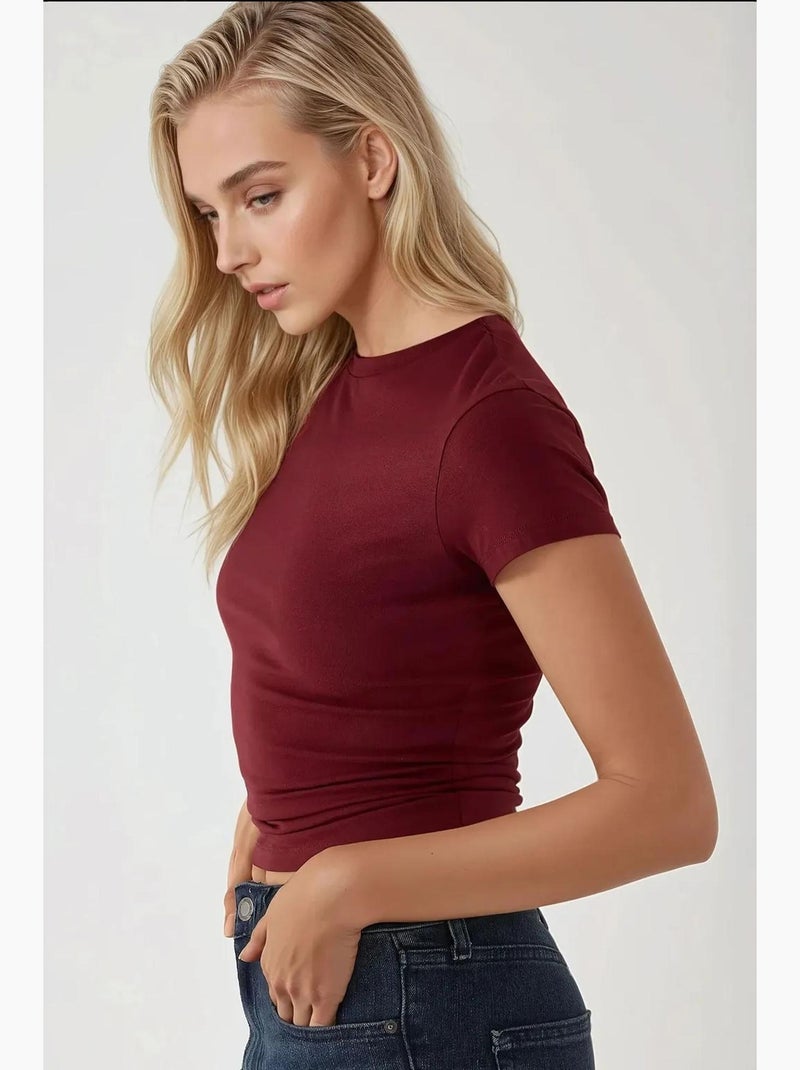 T-shirt girocollo in cotone morbido al tatto e vestibilità slim hiccup Rosso bordeaux - Kiabi