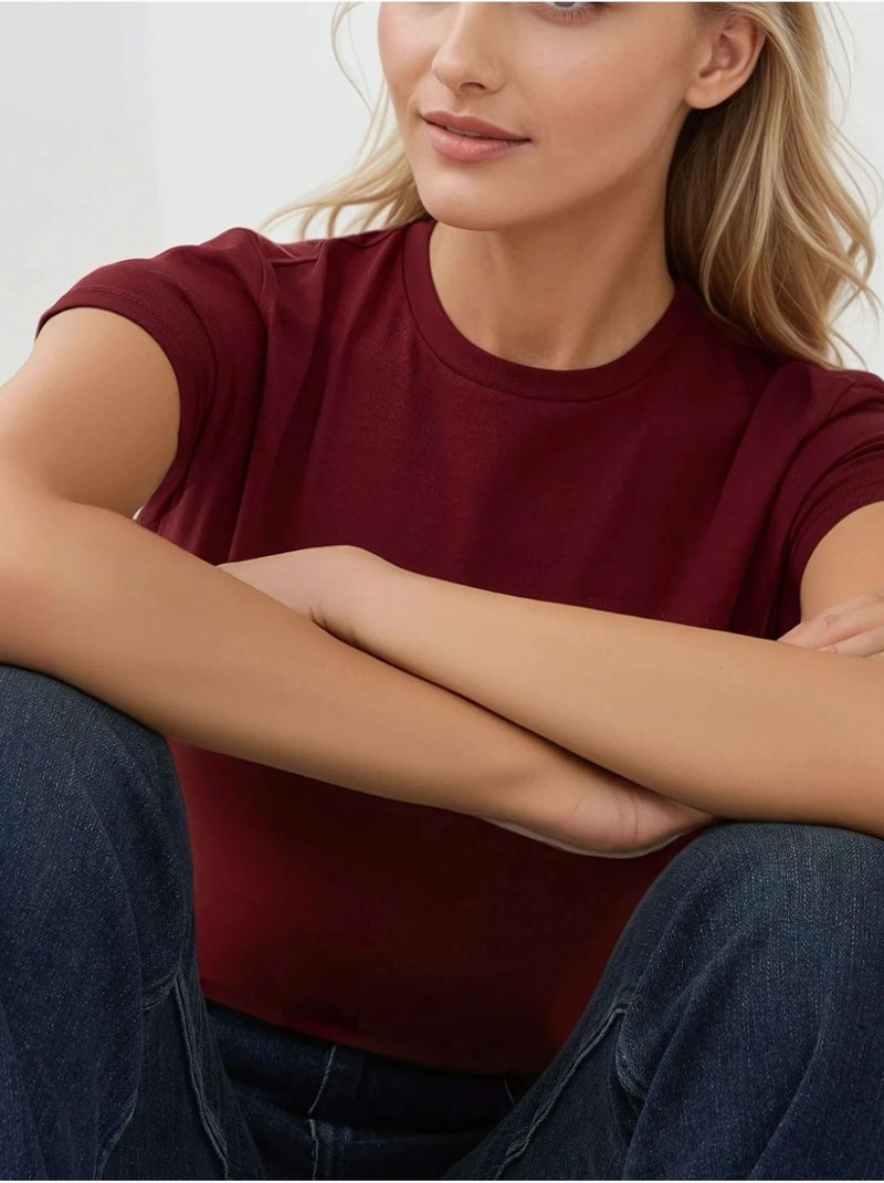 T-shirt girocollo in cotone morbido al tatto e vestibilità slim hiccup Rosso bordeaux - Kiabi