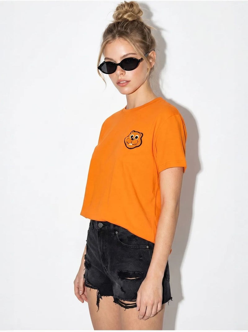 T-shirt girocollo in cotone pettinato oversize con ricamo lucci Arancione - Kiabi