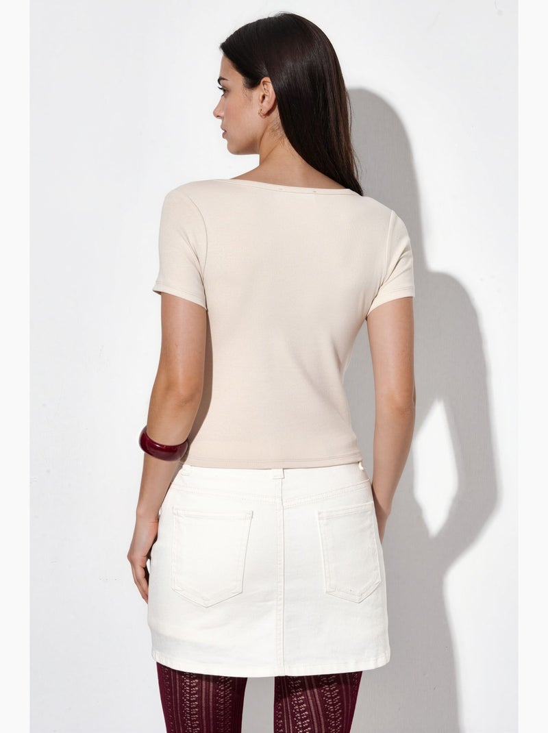 T-shirt girocollo in maglia manica corta con bottoni busem Bianco sporco - Kiabi