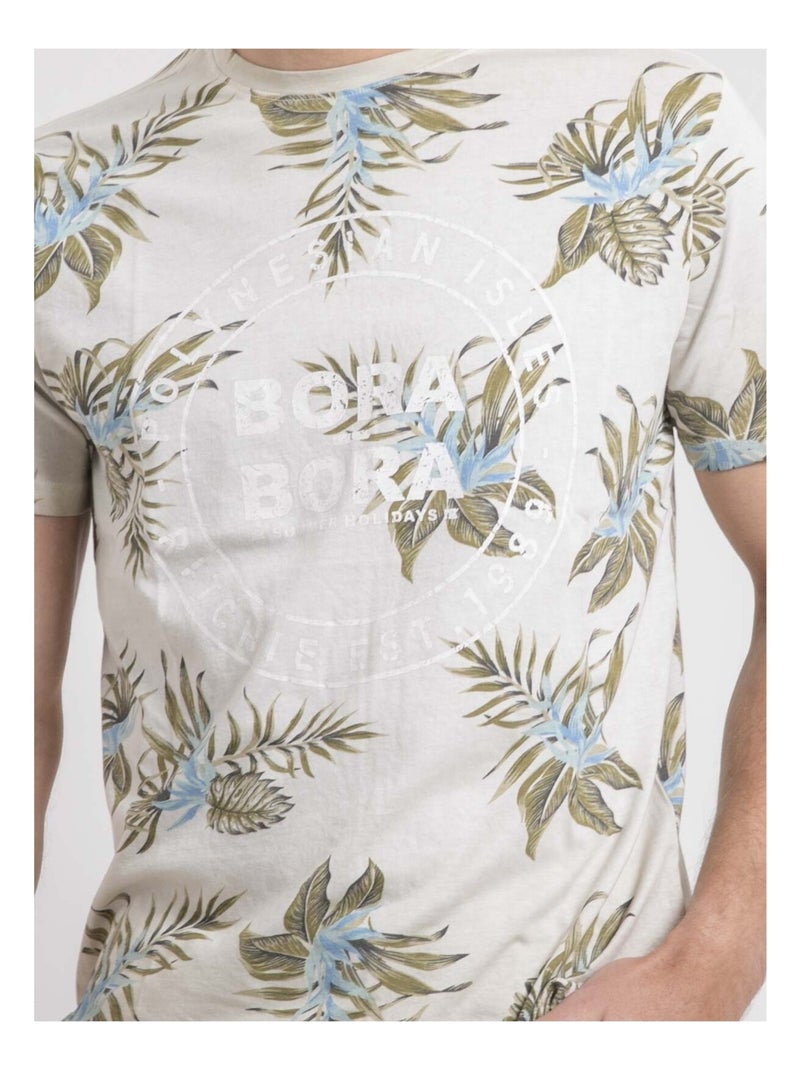 T-shirt girocollo puro cotone a motivi NULEMON Beige - Kiabi